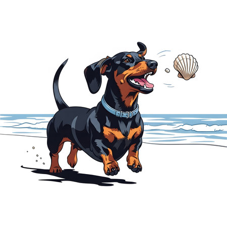 Happy weiner dog enjoys seaside vacation running on sand. Pet hound plays with shell near surf. Fun illustration of dog activity.の素材