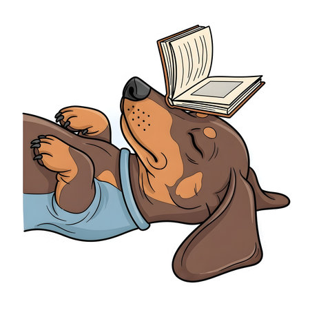 Peaceful dachshund dog nap time illustration. Cute sleeping pup resting on back. Funny dog balancing book. Dreaming of knowledge.の素材