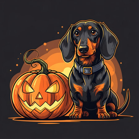 Cute dog celebrating autumn season holiday illustration pet posing next to glowing jackolantern dark backgroundの素材