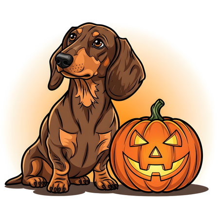 Dachshund dog portrait sitting beside illuminated carved pumpkin decoration. Fall season autumn harvest mascot illustration.の素材