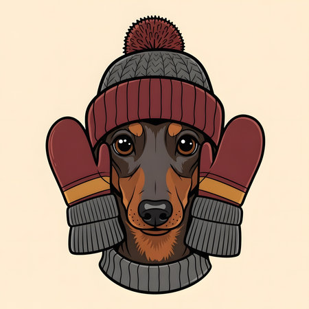 Adorable dachshund puppy wearing knit beanie hat and warm mittens. Funny pet portrait illustration perfect for winter season apparel.の素材