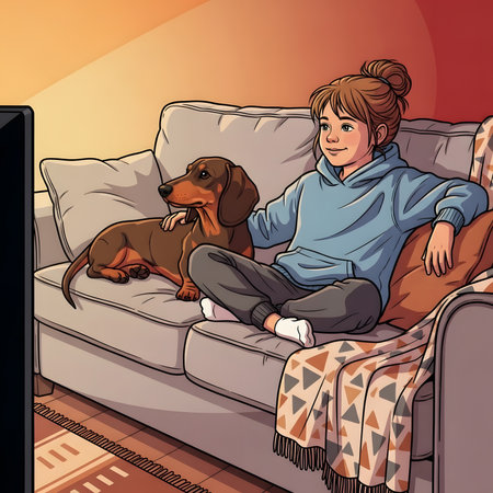 Cozy evening spent with beloved pet girl relaxing on comfortable couch watching show puppy companion domestic sceneの素材
