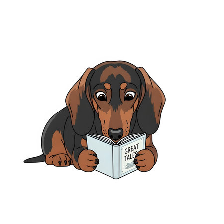 Clever pup studying literature illustration sweet cartoon puppy holding small book learning reading great talesの素材