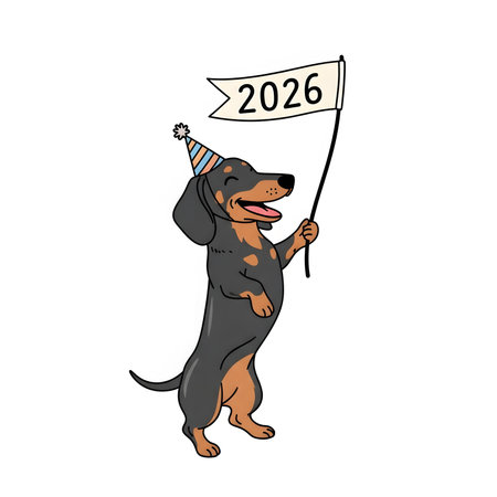 Happy Dachshund dog standing hind legs holding flag banner New Year 2026 Cute puppy wearing celebratory hat Celebratingの素材