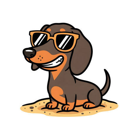 Dachshund dog enjoying sunny vacation on beach. Happy puppy wearing sun shades sitting on desert sand smiling.の素材