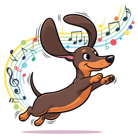 Happy Dachshund dog puppy jumping high Musical notes background Cute puppy with flapping ears Joyful pet playingの素材