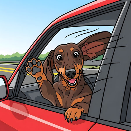 Smiling dog enjoys road trip adventure. Dachshund hangs head out car window feeling wind. Funny animal passenger illustration concept.の素材
