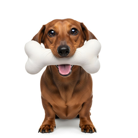Excited dachshund puppy holding huge bone toy ready to play. Adorable dog with wide open eyes isolated on white background.の素材