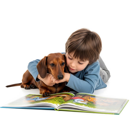 Adorable child embraces loyal wiener dog while reading aloud. Close bond between kid and pet. Cozy friendship moment.の素材