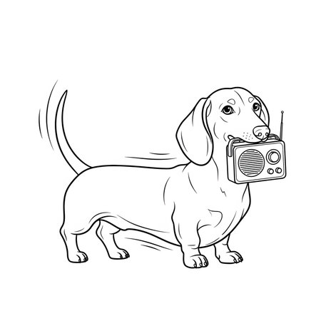 Dog carrying small square portable radio transceiver device. Funny animal illustration communication hobby entertainment sketch.の素材