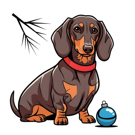 Stylized weiner dog with tan markings sitting. Puppy wearing red collar ready for winter season. Adorable pet artwork with holiday decoration.の素材