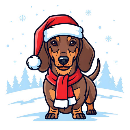 Adorable dachshund dressed for winter season. Dog wears warm hat and scarf standing among snowy pine trees. Seasonal cute animal illustration design.の素材