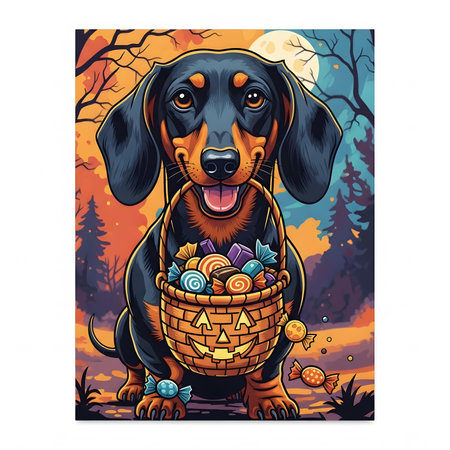 Black and tan dog poses with treats pail during October night. Hound sits in woods under moonlight awaiting adventure.の素材