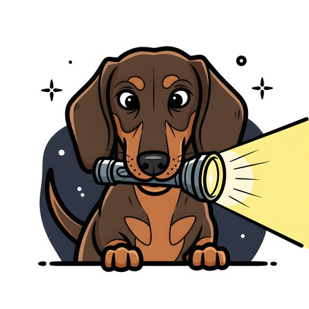 Brown Wiener dog holding powerful torch light source in its jaws at night. Funny puppy searching exploring dark mysterious area.の素材