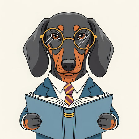Intelligent dachshund dressed in business suit. Dog scholar reading open book wearing spectacles. Serious education concept pup.の素材