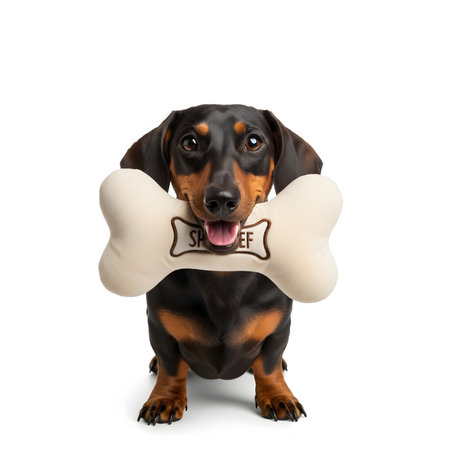 Adorable short legged hound holding favorite plush bone toy. Cute puppy portrait isolated on white studio background looking forward.の素材