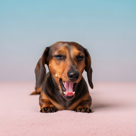 Sleepy pup portrait indoors. Funny dachshund showing tongue and teeth. Exhausted adorable dog needs nap. Studio shot vivid colors.の素材