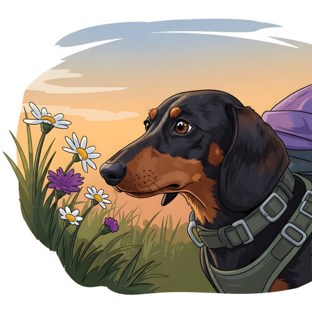 Profile portrait of dog enjoying scents of summer flowers. Dachshund explores grassy meadow during golden hour stroll. Nature hike exploration wildlife appreciation.の素材