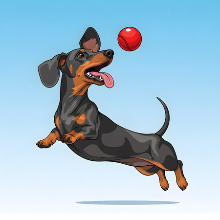 Energetic black and tan dachshund dog jumping for red toy ball. Happy puppy executing big athletic leap outdoor fun game illustration.の素材