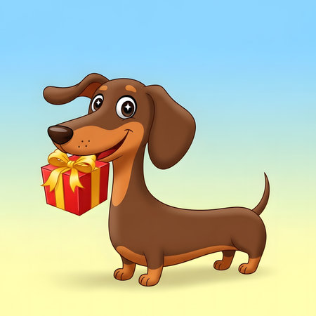 Dachshund puppy illustration holding present package. Happy brown dog delivering surprise gift. Animated drawing of sweet canine mascot.の素材