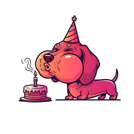 Humorous dog celebrating occasion. Cute illustration of pet making wish and blowing candle. Happy birthday celebration moment.の素材
