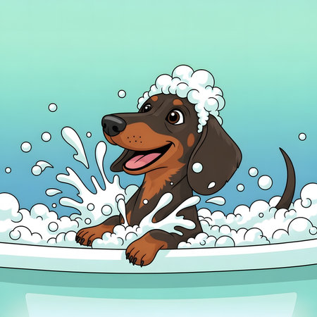Happy short legged dog enjoying bubble bath tub. Puppy smiling wide splashing water during pleasant washing hygiene routine.の素材