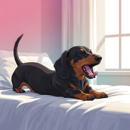 Cute cartoon illustration of dachshund stretching after waking up cozy bedroom environment near sunny window Good morning routine pet life conceptの素材