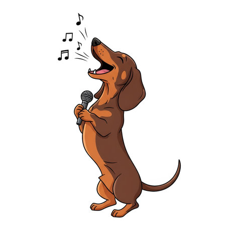 Wiener dog shows vocal talent holding microphone on stage. Happy cute animal sings loudly with open mouth. Dog performer on white background.の素材