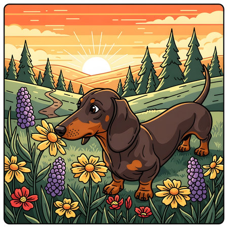 Dog enjoys smells of nature in flower field. Cute illustration depicts outdoor adventure exploring countryside landscape. Beautiful morning or evening setting.の素材