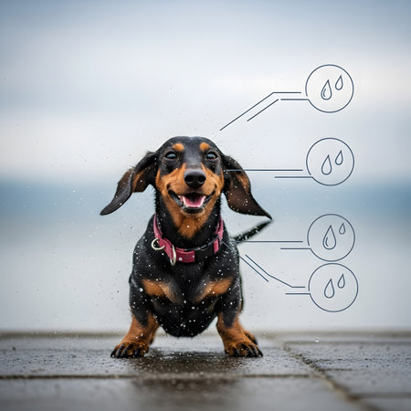 Adorable short haired puppy shaking water droplets off. Happy miniature canine soaking wet on pier looking at camera. Playful pet enjoying moisture.の素材