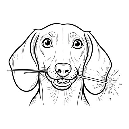 Detailed monochrome line drawing headshot portrait dachshund holding sparkling firework celebration background Isolated outline coloring page conceptの素材