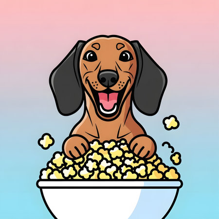 Happy cartoon dachshund dog enjoying large bowl of fresh popcorn snack. Cute pet character illustration ready for relaxation.の素材