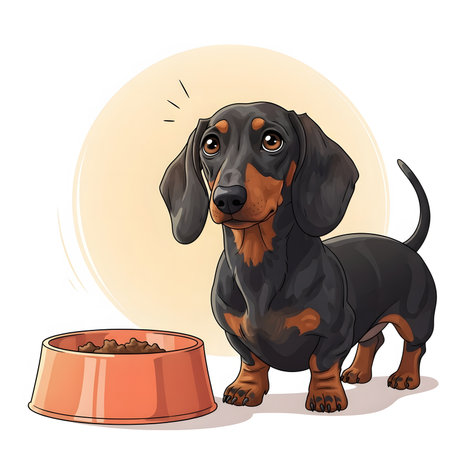 Cute cartoon illustration of dachshund standing next to food bowl. Puppy looking up with pleading eyes asking for food. Adorable pet waiting.の素材