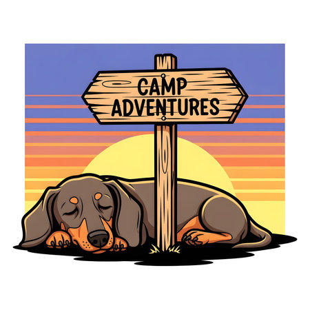 Cartoon illustration depicts tired sausage dog resting after long day near wooden directional camp signpost during beautiful orange sunset or sunrise.の素材