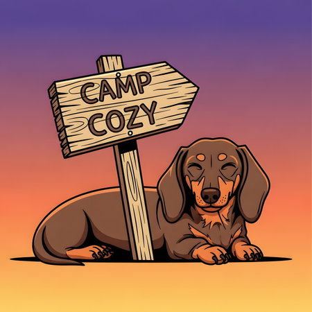 Relaxed weiner dog resting comfortably by campsite sign. Peaceful illustration showing happy sleeping puppy during colorful sunset evening.の素材