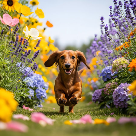 Active playful puppy dashes quickly down grassy path. Adorable pet enjoys summer day outdoors among colorful blooming flora. High energy dog running.の素材