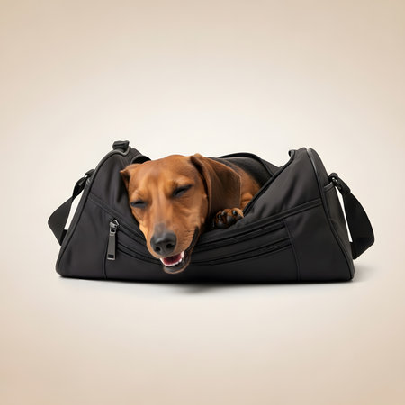 Content wiener dog puppy resting and dreaming inside open zipper of gym or luggage bag. Dog enjoys cozy transport during travel.の素材
