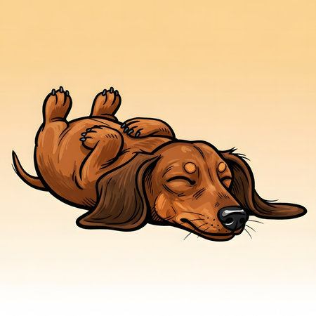 Relaxed dachshund puppy taking nap belly up. Comfortable pet dog sleeping soundly with closed eyes. Adorable illustration of lazy canine resting.の素材