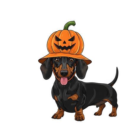 Funny puppy wearing pumpkin head cutout hat. Black tan short legged dog dressed up for autumn season. Isolated illustration of cheerful canine.の素材