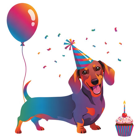 Vibrant rainbow colored dachshund celebrating anniversary wearing cone hat surrounded by confetti. Fun birthday scene with cupcake and bright balloon.の素材