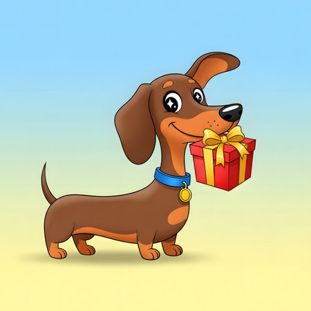Cheerful puppy carrying present box with bow. Funny dachshund giving thoughtful offering. Celebration concept illustration on bright background.の素材