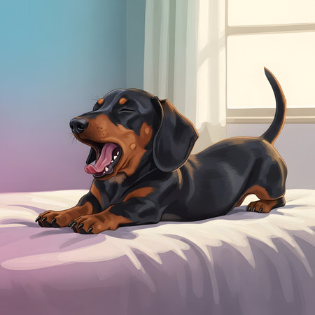Dachshund dog wakes up in morning stretching on soft white bed. Tired puppy yawns widely welcoming new day light. Domestic pet lifestyle illustration.の素材