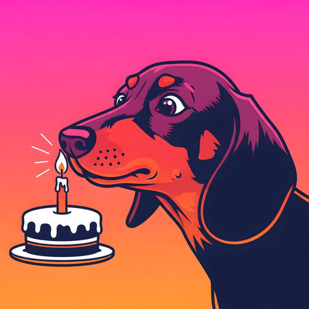 Close-up illustration of dachshund dog observing small birthday cake. Pet waiting patiently for dessert treat celebration moment. Dramatic neon colors.の素材