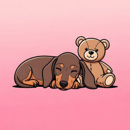 Cartoon illustration shows brown dachshund puppy taking peaceful nap. Sleepy dog rests next to stuffed brown teddy bear friend. Childhood companion.の素材
