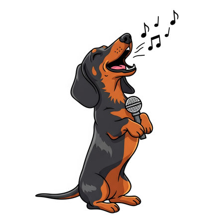 Adorable wiener dog singing into microphone standing up. Energetic puppy performing lively song with notes floating. Entertainment and talent illustration.の素材