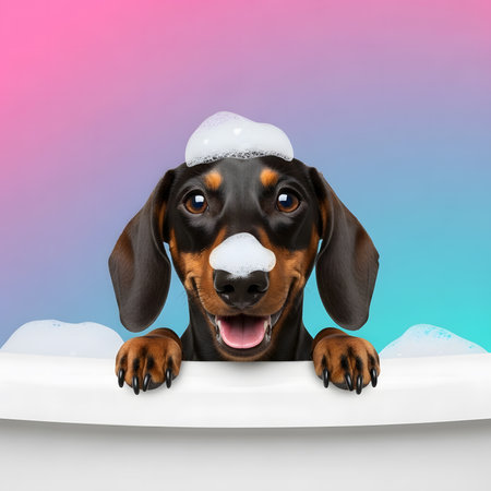 Cheerful black and tan dachshund dog taking bubbly bath in white tub. Funny puppy with foam on head and nose grooming routine.の素材