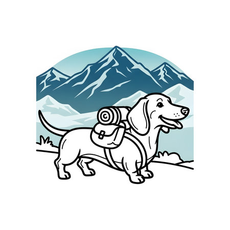 Outline drawing of cute dachshund puppy carrying pack for trekking. Canine ready for outdoor mountain adventure exploration. Simple line art illustration.の素材