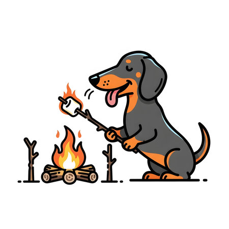 Simple line art cartoon illustration showing black tan dachshund roasting sweet marshmallow over cozy bonfire sticks Outdoors activity nature conceptの素材