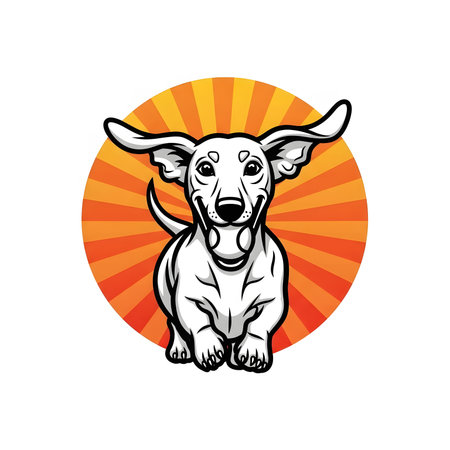 Striking black and white graphic design shows happy wiener dog puppy standing front facing gripping tennis ball ready for play on vibrant orange radial backdrop.の素材