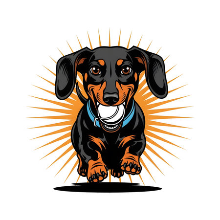 Action packed wiener dog dashing quickly holding ball ready for playtime. Exciting mascot style design showing happy puppy bounding forward.の素材